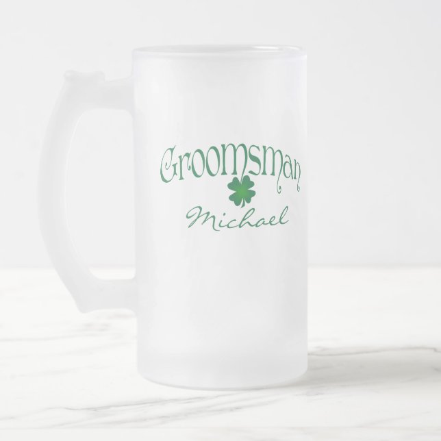 Personalized Green Shamrock Groomsman Beer Stein (Left)