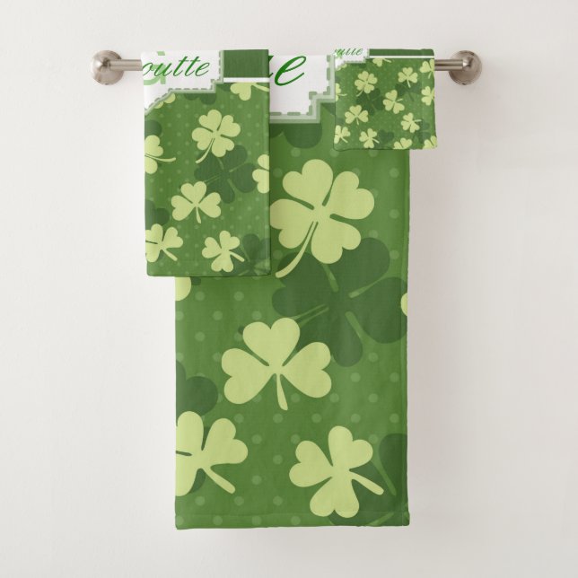Personalized Green Shamrock St Patricks Day Bath Towel Set (Insitu)