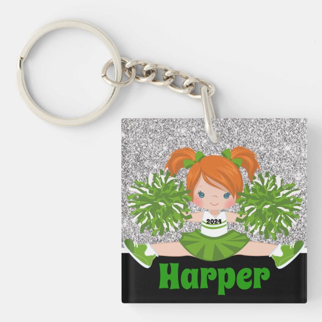 Personalized Green & Silver Cheerleading Keychain (Front)