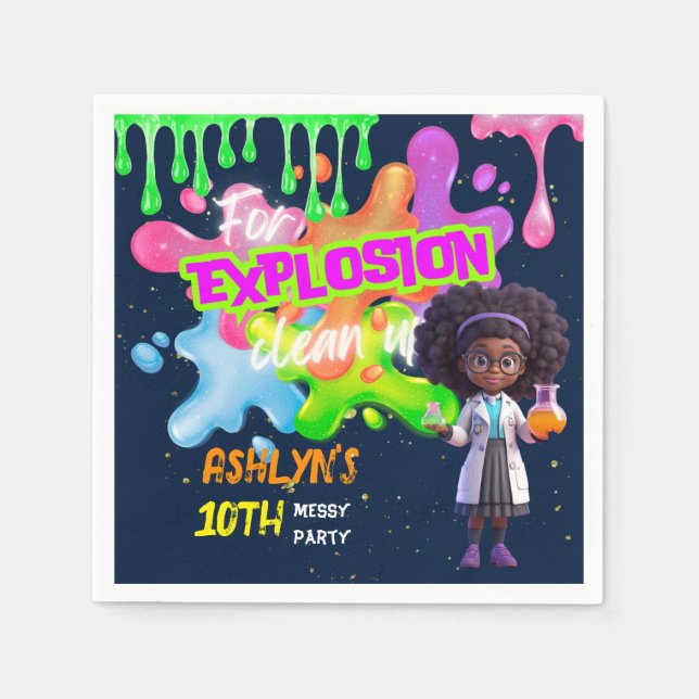 Personalized Green Slime Curly Hair Girl Scientist Napkins (Front)