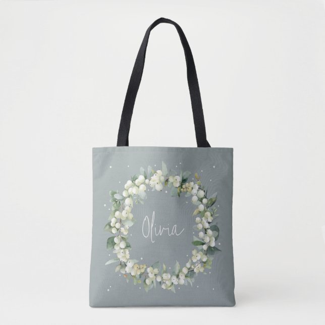 Personalized Green Snowberry+Eucalyptus Wedding Tote Bag (Front)