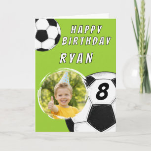 Personalized Green Soccer Boy Photo Birthday Card