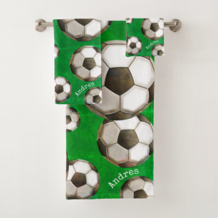 Personalized Green Soccer Field   Soccer Balls Bath Towel Set