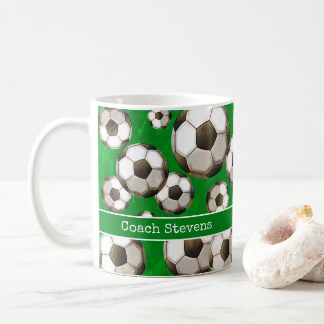 Personalized Green Soccer Field | Soccer Balls Coffee Mug (With Donut)