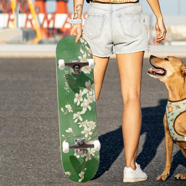 Personalized Green Spring White Flowers Skateboard (Creator Uploaded)