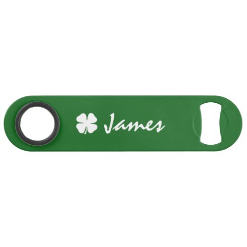 Personalized green St Pats shamrock bottle opener