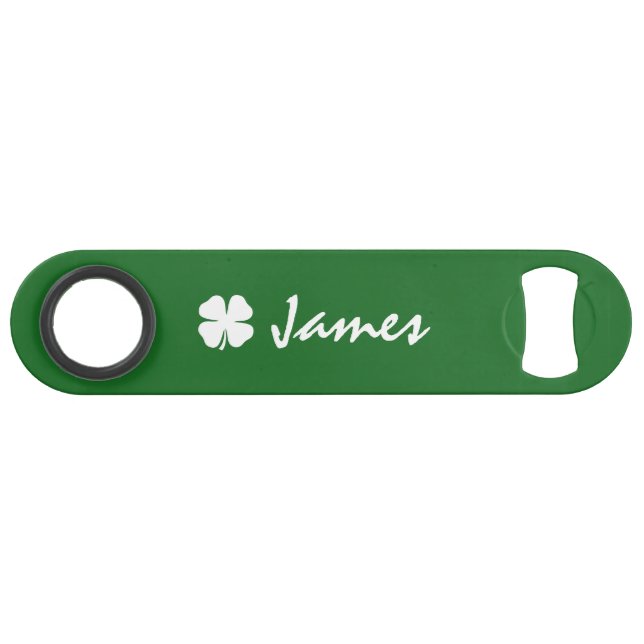 Personalized green St Pats shamrock bottle opener (Front (Horizontal))