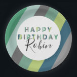 Personalized Green Striped Letters Birthday Party Paper Plates<br><div class="desc">These cool and modern paper party plates feature a background of diagonal stripes in lime green, kelly green, gray, light blue and medium blue with a white center and the message "HAPPY BIRTHDAY" spelled out in in matching gray, green and blue letters with your own name below in black script...</div>