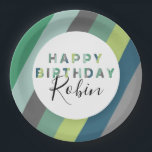 Personalized Green Striped Letters Birthday Party Paper Plates<br><div class="desc">These cool and modern paper party plates feature a background of diagonal stripes in lime green, kelly green, gray, light blue and medium blue with a white center and the message "HAPPY BIRTHDAY" spelled out in in matching gray, green and blue letters with your own name below in black script...</div>