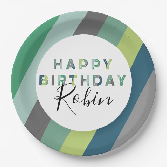 Personalized Green Striped Letters Birthday Party Paper Plates (Front)