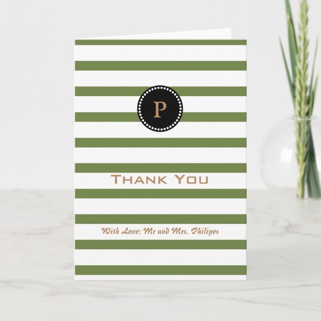 Personalized Green Striped Monogram Thank You Card (Front)