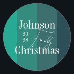 Personalized Green Stripes Family Name Christmas Classic Round Sticker<br><div class="desc">This is a simple and stylish, Christmas Party design. It is in festive green stripes with a modern design and contemporary typography. It has the message "Johnson Family Christmas", with space for you to add your family name and year of celebration. Perfect for a festive family celebration, dinner or gathering...</div>
