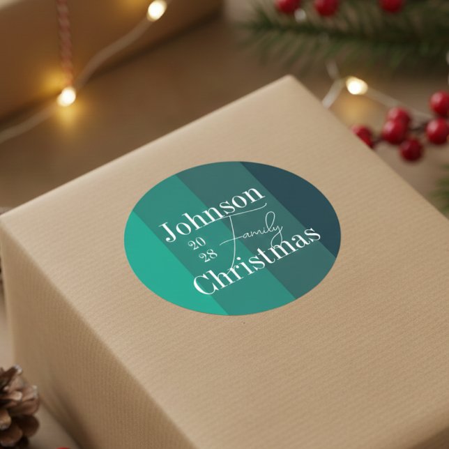 Personalized Green Stripes Family Name Christmas Classic Round Sticker (Creator Uploaded)
