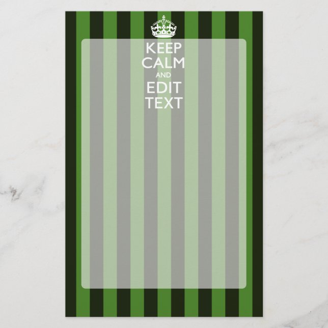 Personalized Green Stripes Keep Calm Your Text Stationery (Front)