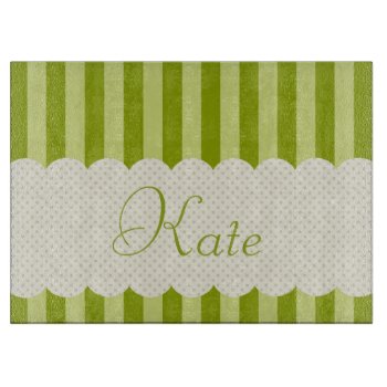 Personalized Green Stripes Polka Dots Design Cutting Board by VintageDesignsShop at Zazzle