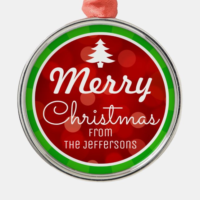 Personalized Green Stripes Red Bokeh Christmas Metal Ornament (Front)