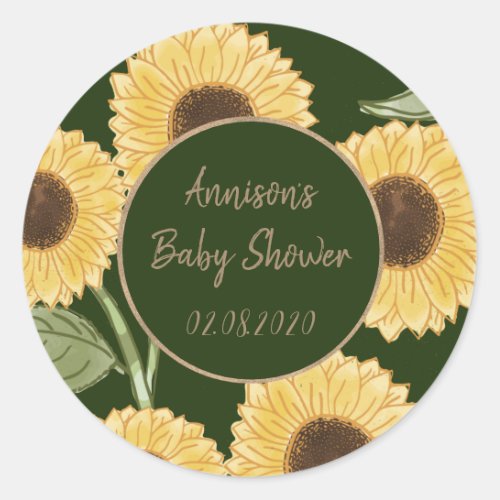 Personalized Green Sunflower Pattern Baby Shower  Classic Round Sticker