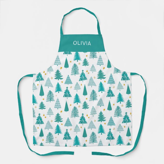 Personalized Green Teal Christmas Tree Kitchen Apron (Front)
