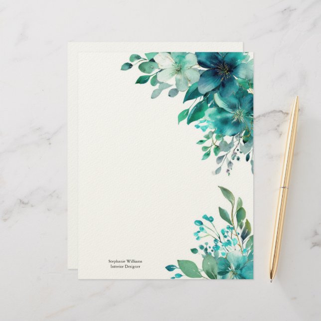 Personalized Green Teal Wildflowers Florals  Letterhead (Front/Back In Situ)