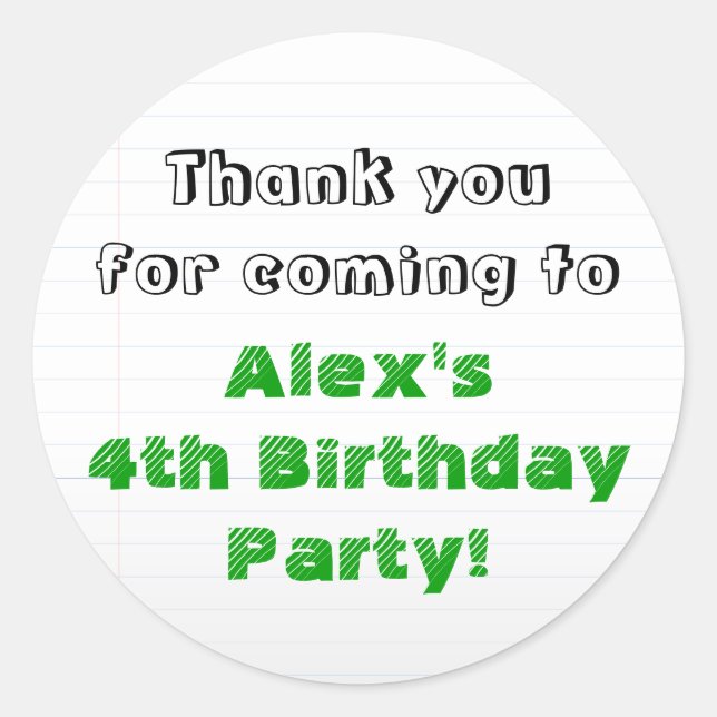 Personalized Green Thank You Birthday Party Classic Round Sticker (Front)