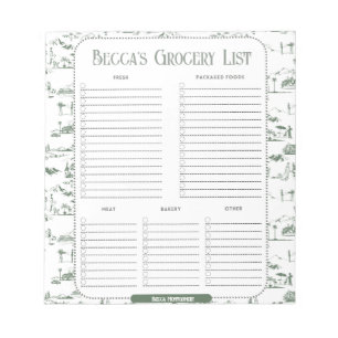 Personalized Green Toile Grocery List Notepad