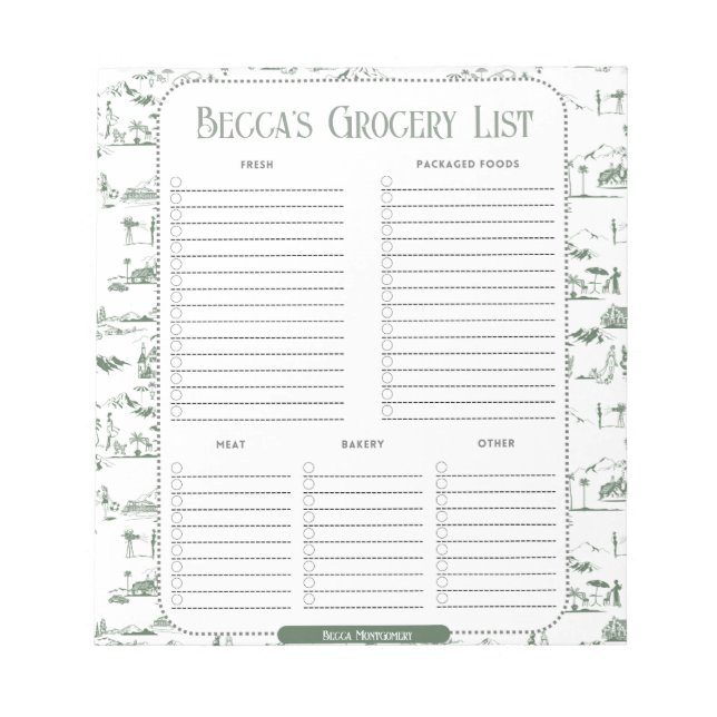 Personalized Green Toile Grocery List Notepad (Front)