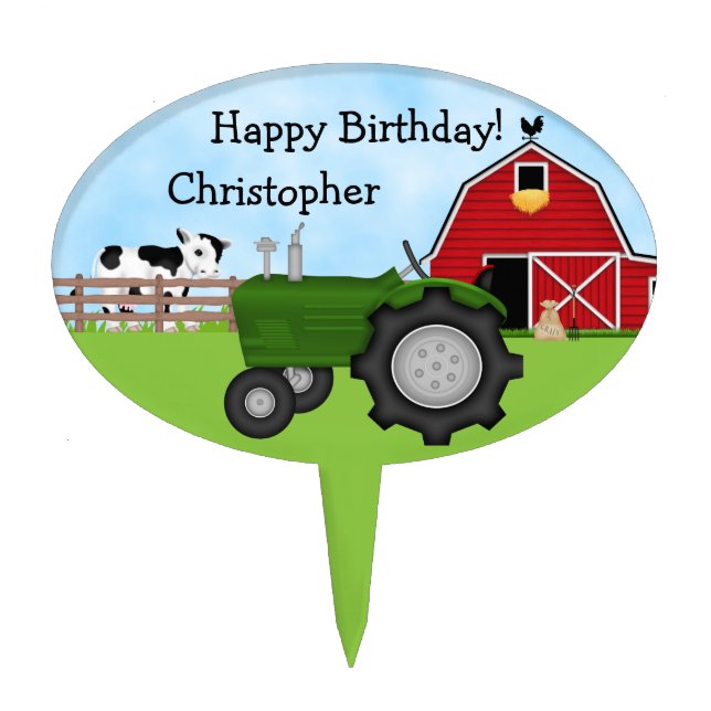 Personalized Green Tractor and Red Barn Birthday Cake Topper (Front)