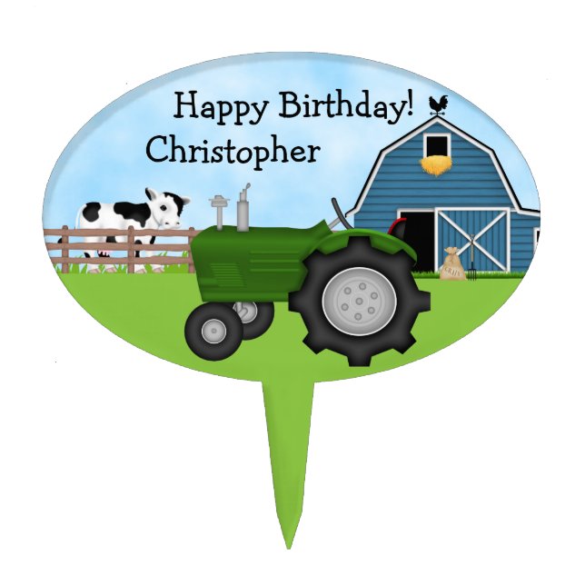 Personalized Green Tractor, Barn and Cow Birthday Cake Topper (Front)