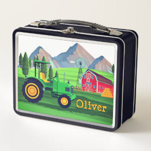Personalized Green Tractor Barnyard Farm Metal Lunch Box
