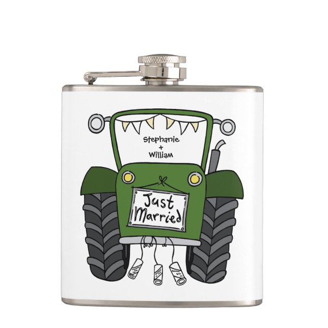 Personalized Green Tractor Country Wedding Gift Flask (Front)