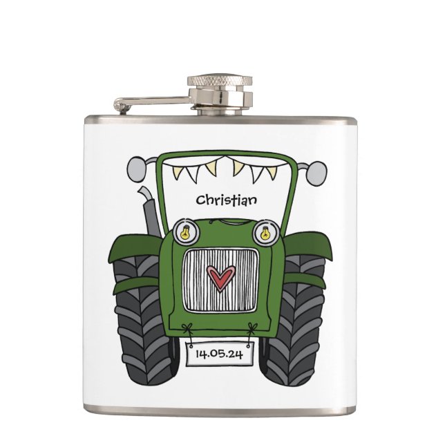 Personalized Green Tractor Country Wedding Gift Flask (Front)