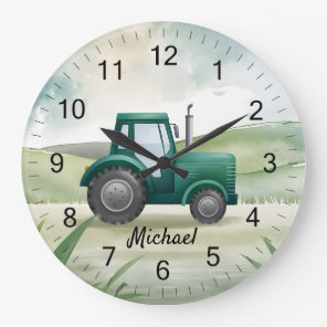 Personalized Green Tractor Farm Watercolor Kids    Large Clock