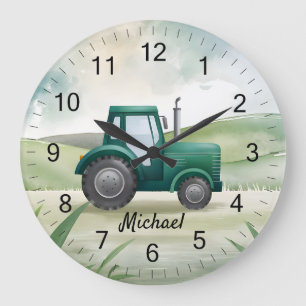 Personalized Green Tractor Farm Watercolor Kids Large Clock
