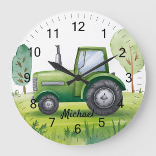Personalized Green Tractor Farm Watercolor Kids Large Clock