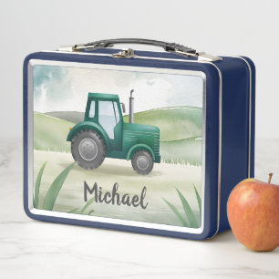Personalized Green Tractor Farm Watercolor Kids Me Metal Lunch Box