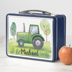 Personalized Green Tractor Farm Watercolor Kids Metal Lunch Box