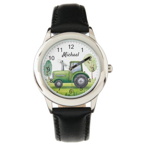 Personalized Green Tractor Farm Watercolor Kids Watch