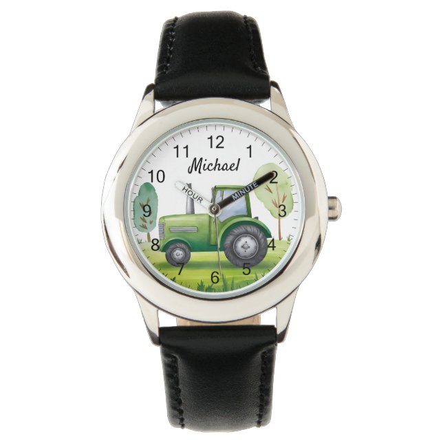 Personalized Green Tractor Farm Watercolor Kids Watch (Front)