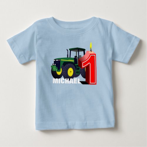Personalized  Green Tractor  First Birthday Baby T_Shirt
