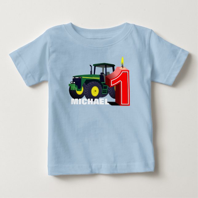 Personalized  Green Tractor  First Birthday Baby T-Shirt (Front)
