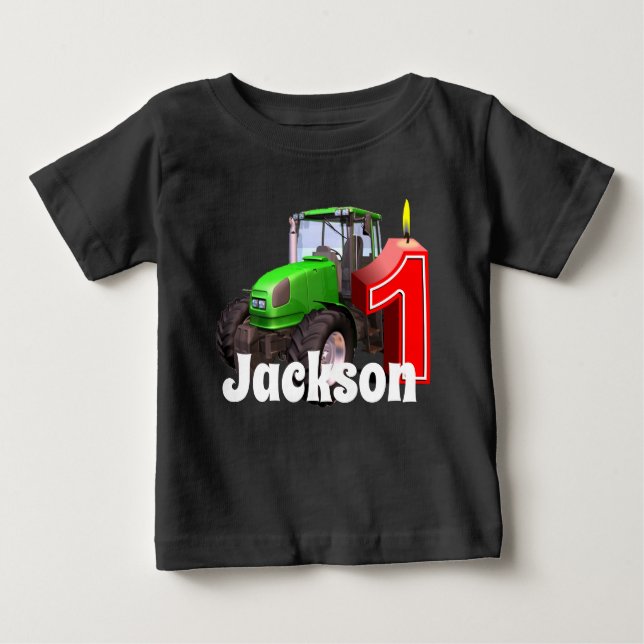 Personalized  Green Tractor  First Birthday Baby T-Shirt (Front)