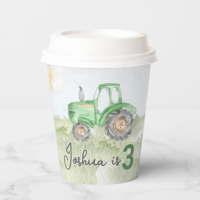 Personalized Green Tractor Theme Paper Party Cups (Front)