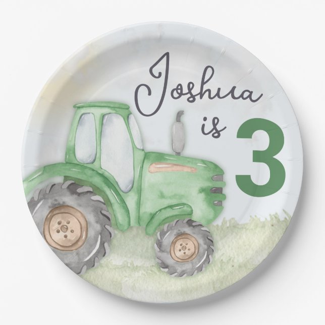 Personalized Green Tractor Theme Paper Plates (Front)
