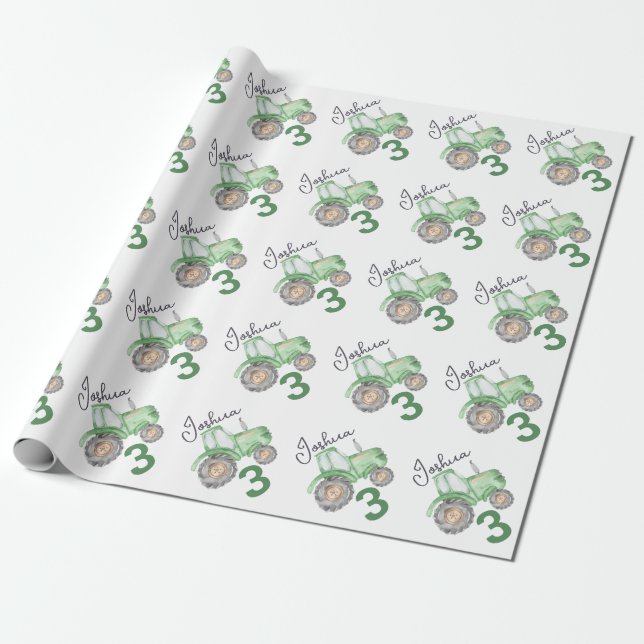 Personalized Green Tractor Theme Wrapping Paper (Unrolled)