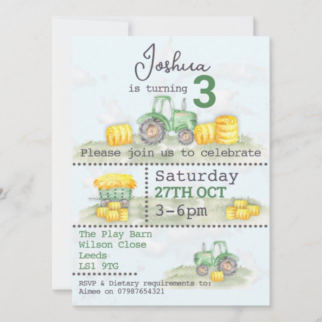 Personalized Green Tractor Themed Invitations  (Front)