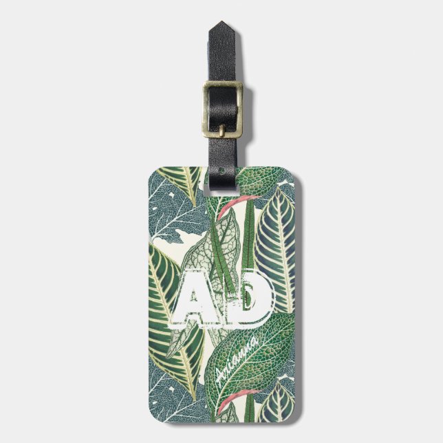 Personalized Green Tropical Leaves Luggage Tag (Front Vertical)