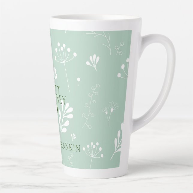 Personalized Green w/ White Florals Latte Mug (Right)
