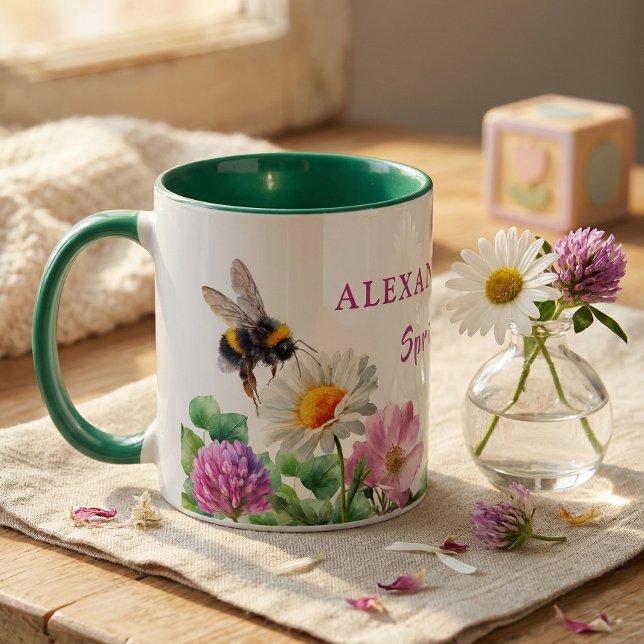 Personalized Green Watercolor Bee Spring Vibes Mug (Creator Uploaded)