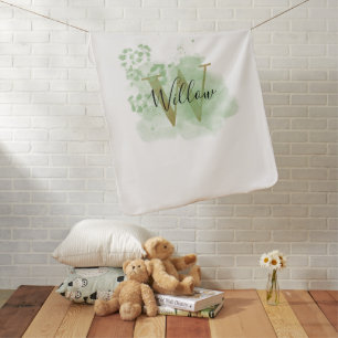 Personalized Green Watercolor & Floral Initial Baby Blanket