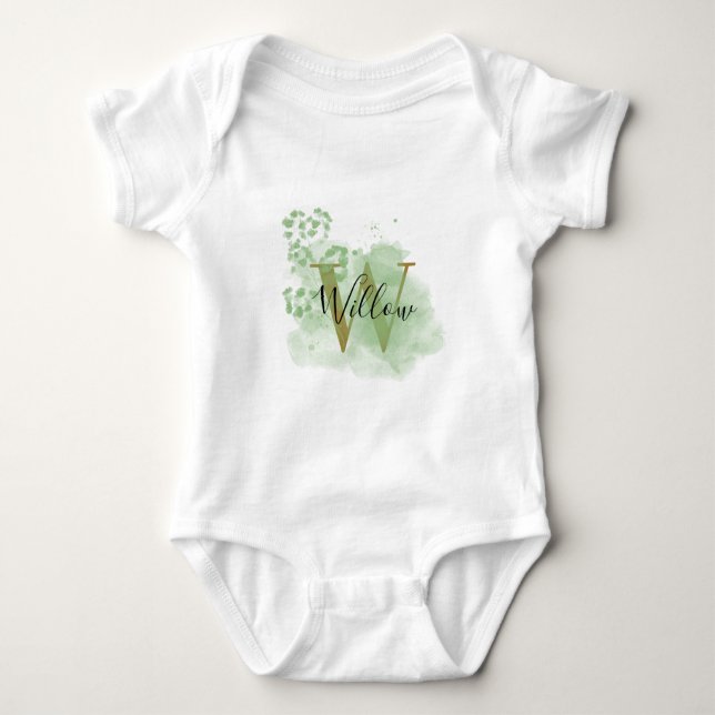 Personalized Green Watercolor & Floral Initial  Baby Bodysuit (Front)